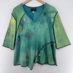 BREAD Top Womens L 3/4 Sleeve Patchwork Lagenlook Tie Dye Asymmetric Green